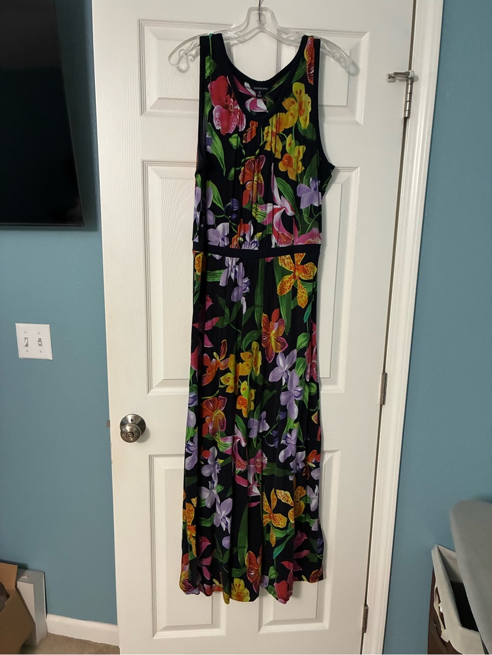 Lands' End Navy Floral maxi dress with Pink and Green Accents